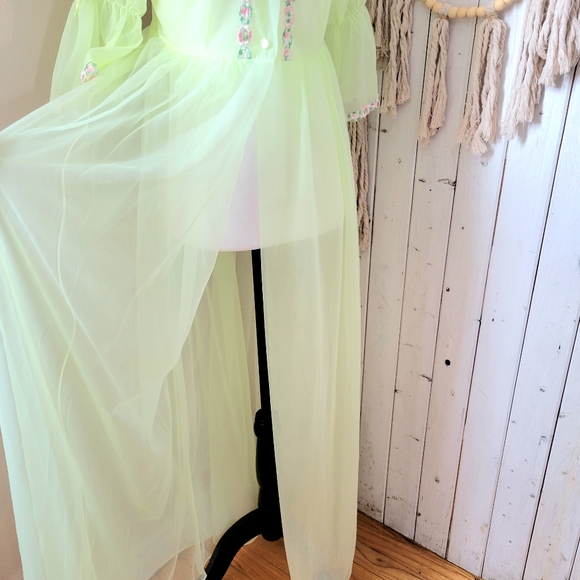 50's FEMININE DRESSING GOWN FLORAL LEMON LIME YELLOW - Picture 4 of 14